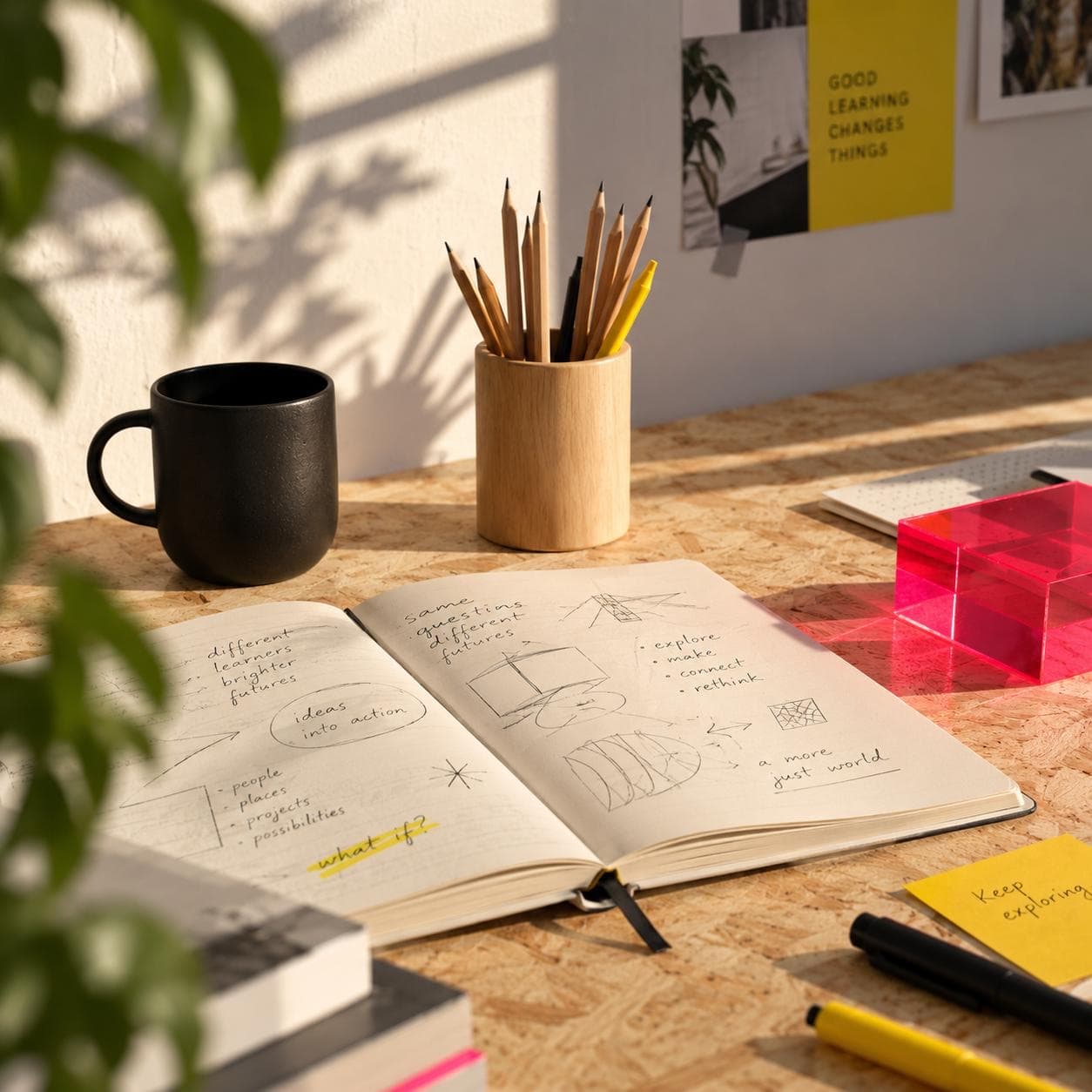 A sunlit studio desk: an open sketchbook of hand-drawn notes reading 'same questions, different futures' and 'ideas into action', a jar of pencils, a black mug and a 'Good learning changes things' poster on the wall